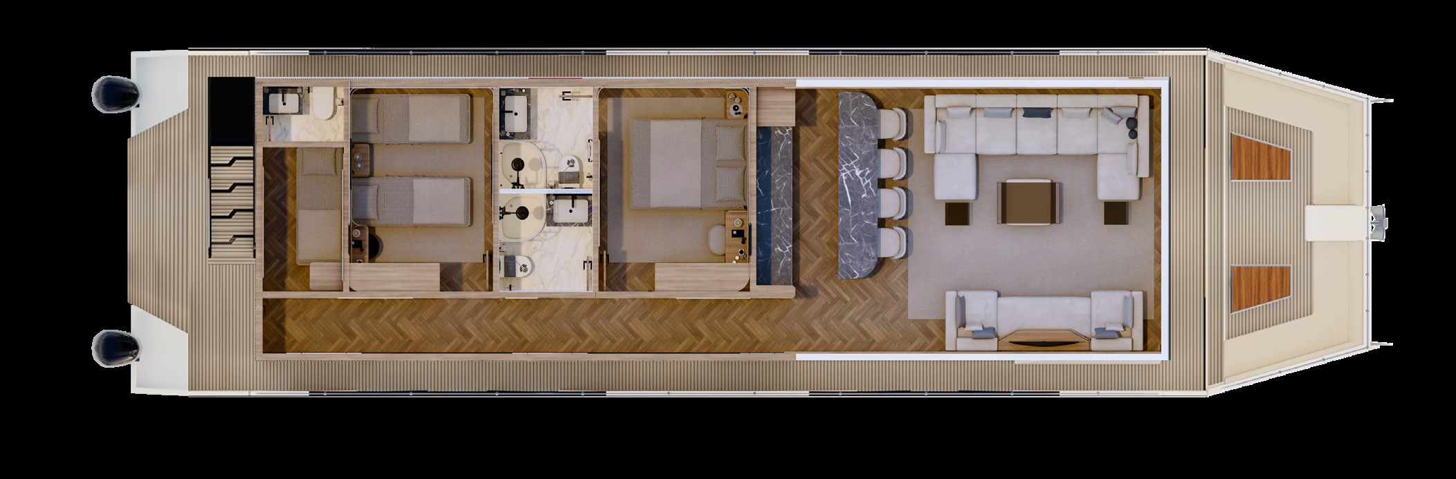 RISE 70 ground deck layout plan showing saloon, galley, master suite and second cabin
