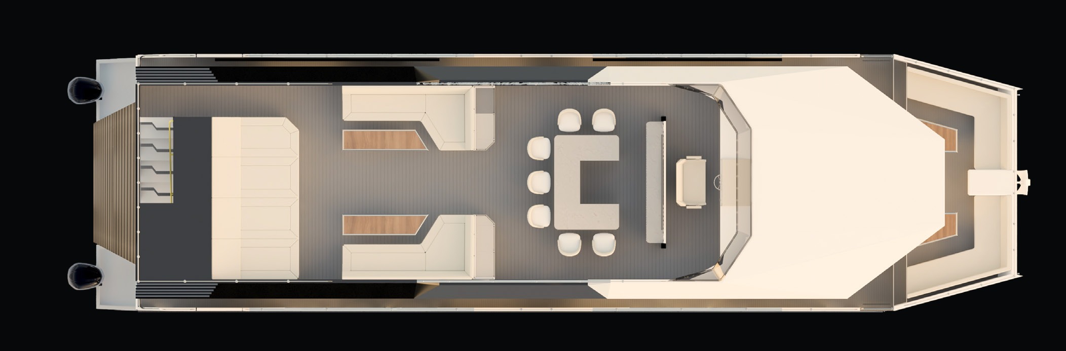 RISE 70 top deck layout plan showing flybridge lounge, dining, bar and central helm