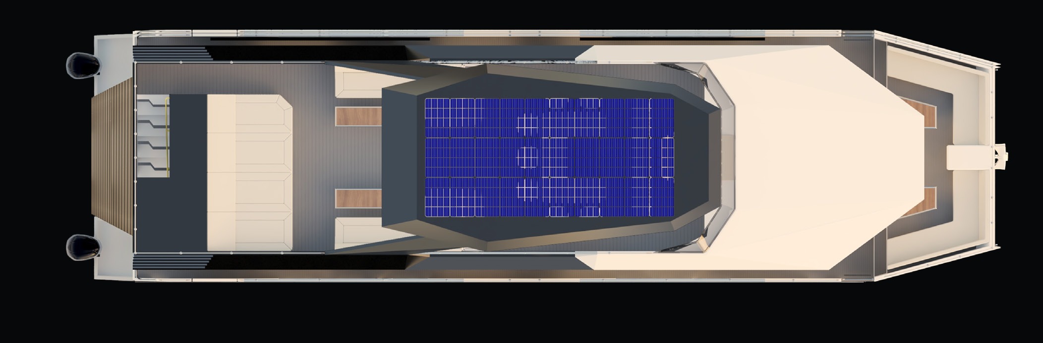 RISE 70 top roof plan showing the solar array above the flybridge hardtop